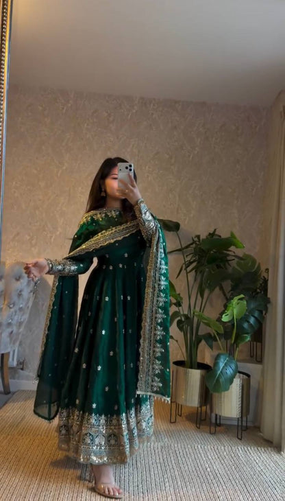 Designer Green Color Georgette Fully Flared Ready to Wear Gown