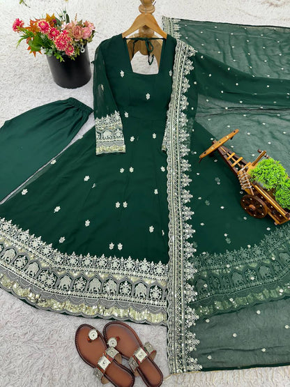 Designer Green Color Georgette Fully Flared Ready to Wear Gown