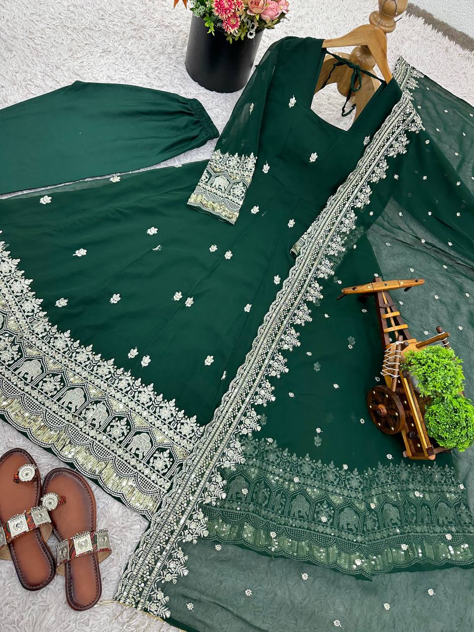 Designer Green Color Georgette Fully Flared Ready to Wear Gown