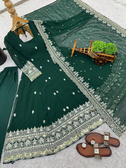 Designer Green Color Georgette Fully Flared Ready to Wear Gown