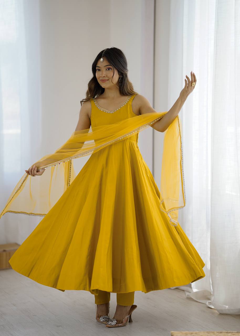 Haldi Wear Yellow Color Fully Flair 3 Piece Anarkali Gown