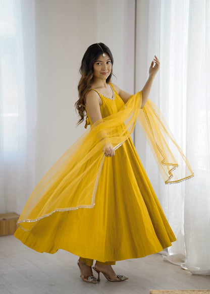 Haldi Wear Yellow Color Fully Flair 3 Piece Anarkali Gown
