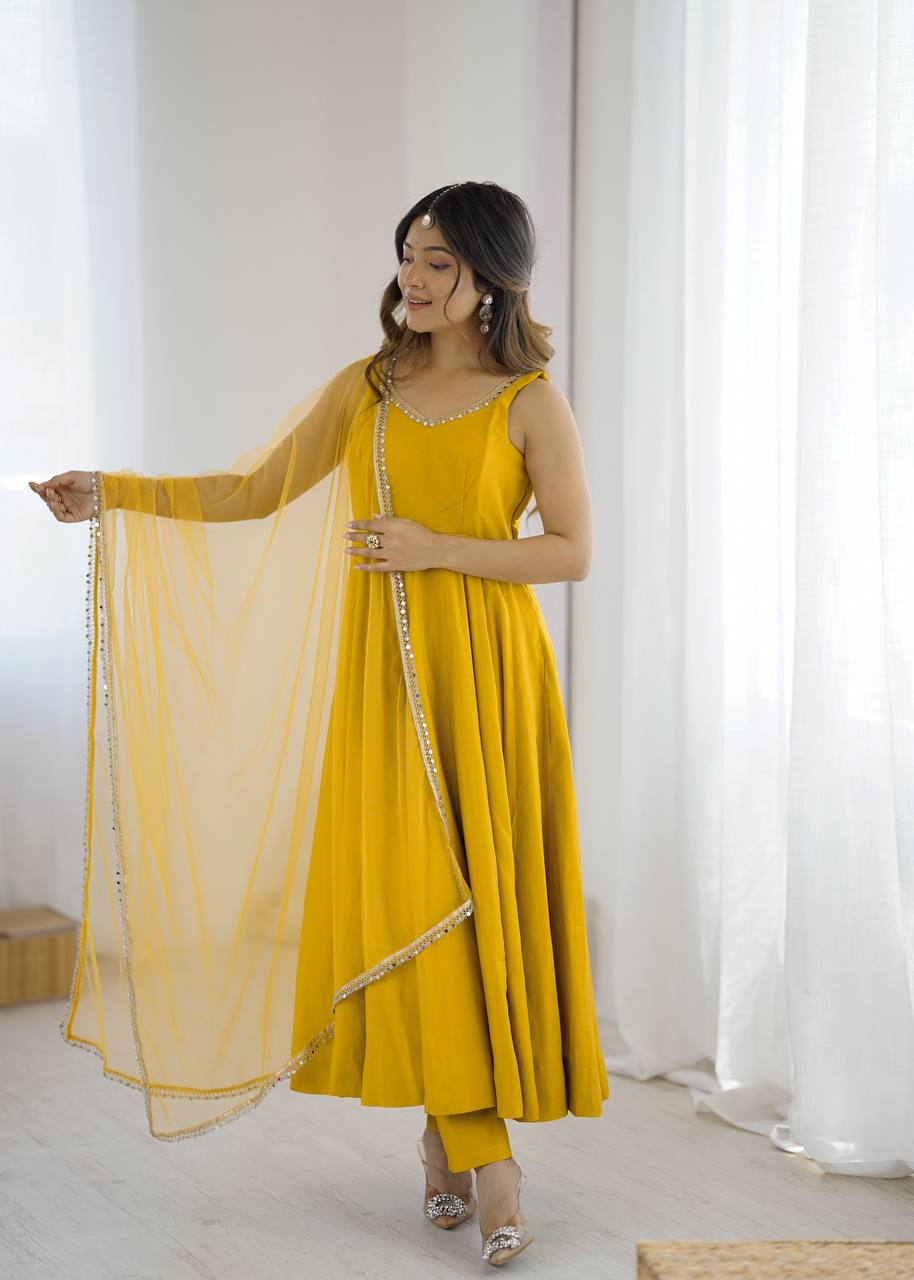 Haldi Wear Yellow Color Fully Flair 3 Piece Anarkali Gown