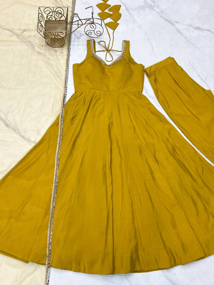Haldi Wear Yellow Color Fully Flair 3 Piece Anarkali Gown
