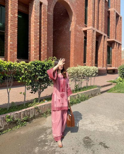 Glossy Baby Pink Color Heavy Cotton Heavy Embroidery Work With Hand Work Co-ord Palazzo Suit