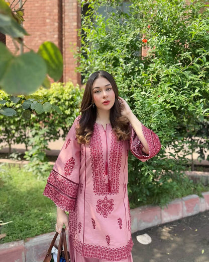 Glossy Baby Pink Color Heavy Cotton Heavy Embroidery Work With Hand Work Co-ord Palazzo Suit