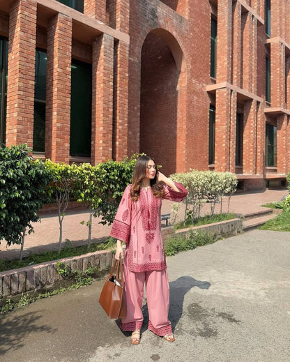Glossy Baby Pink Color Heavy Cotton Heavy Embroidery Work With Hand Work Co-ord Palazzo Suit