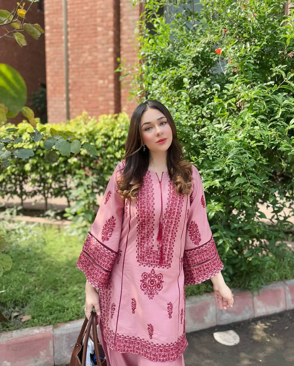 Glossy Baby Pink Color Heavy Cotton Heavy Embroidery Work With Hand Work Co-ord Palazzo Suit