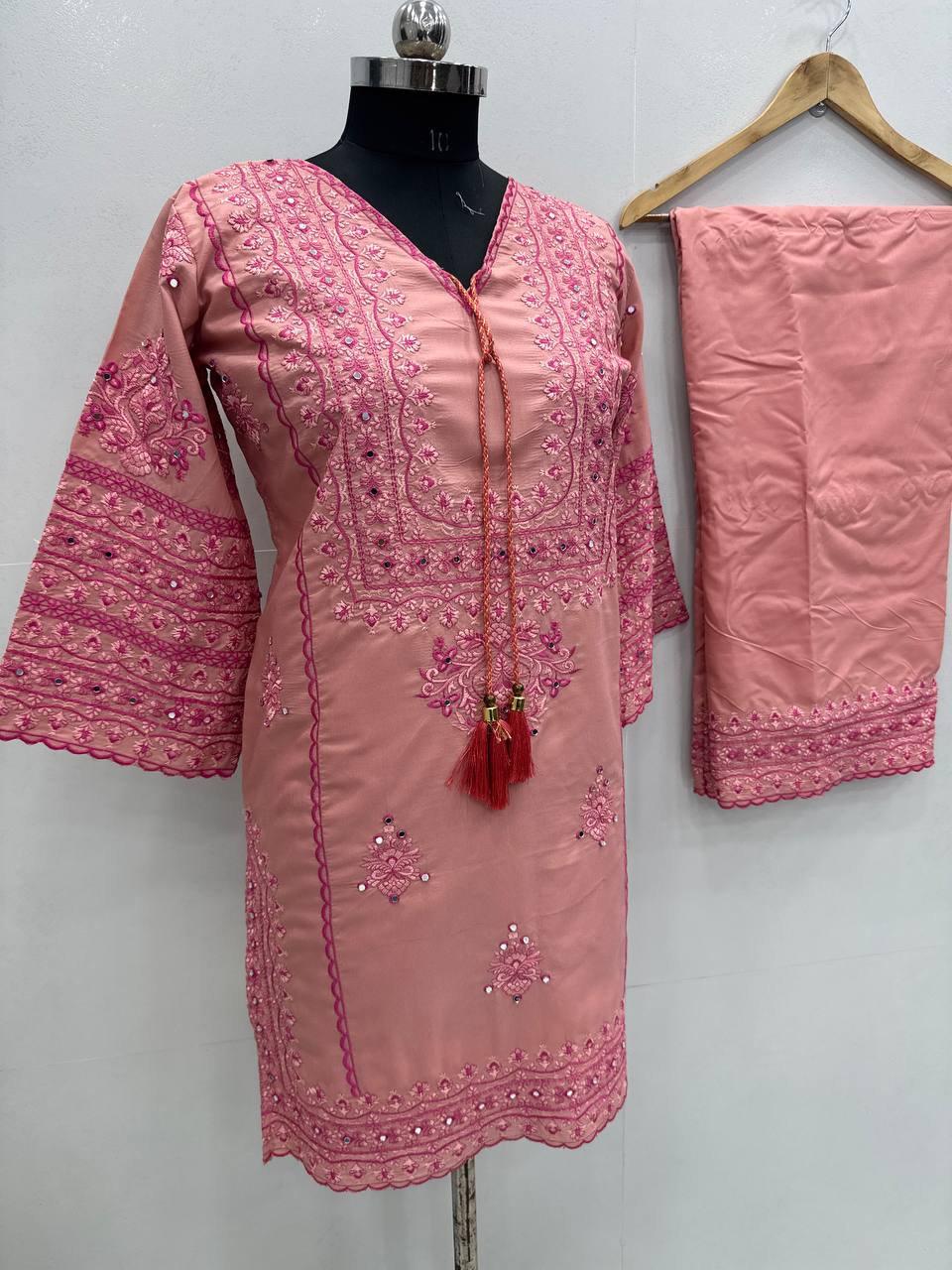Glossy Baby Pink Color Heavy Cotton Heavy Embroidery Work With Hand Work Co-ord Palazzo Suit