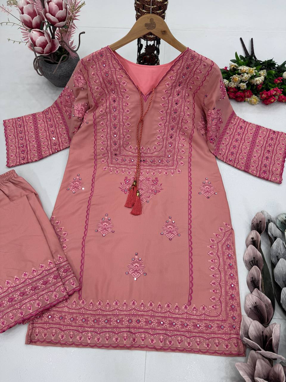 Glossy Baby Pink Color Heavy Cotton Heavy Embroidery Work With Hand Work Co-ord Palazzo Suit