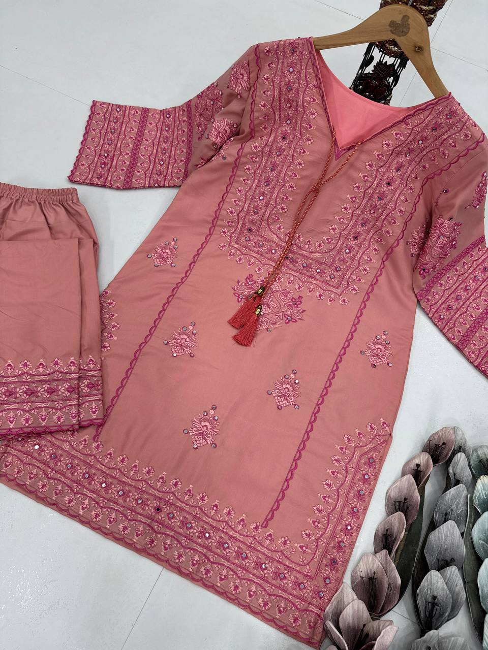 Glossy Baby Pink Color Heavy Cotton Heavy Embroidery Work With Hand Work Co-ord Palazzo Suit