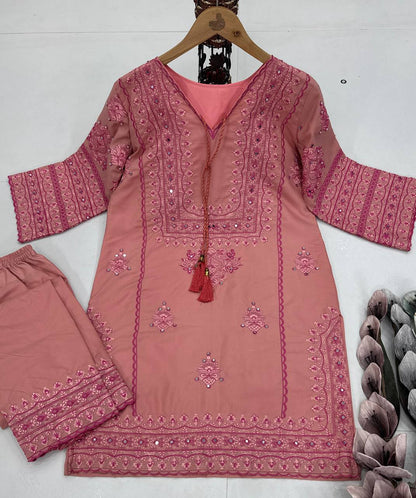 Glossy Baby Pink Color Heavy Cotton Heavy Embroidery Work With Hand Work Co-ord Palazzo Suit