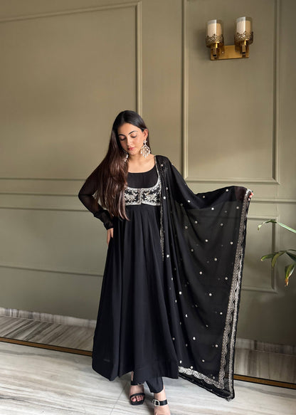Admiring Black Color Embroidered Anarkali Suit With Dupatta
