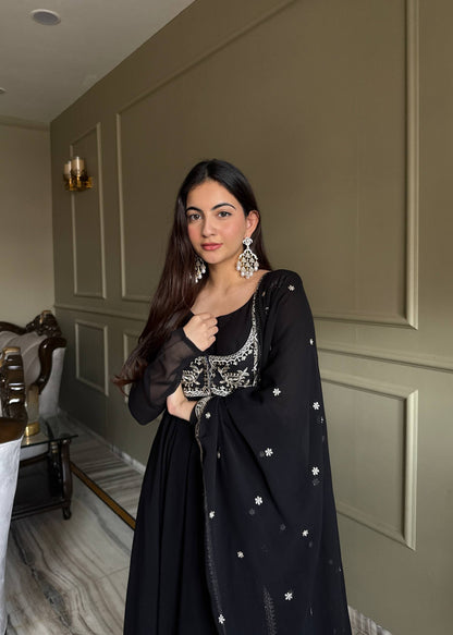 Admiring Black Color Embroidered Anarkali Suit With Dupatta