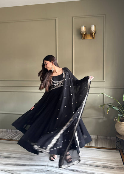 Admiring Black Color Embroidered Anarkali Suit With Dupatta