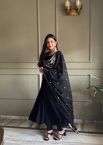 Admiring Black Color Embroidered Anarkali Suit With Dupatta