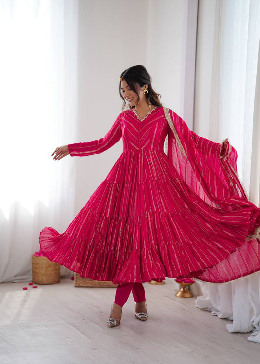 Designer Pink Color Ruffle Gown With Pant And Dupatta Set