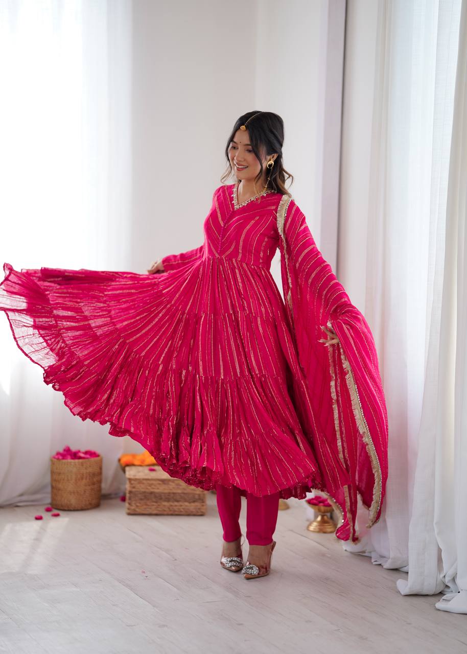 Designer Pink Color Ruffle Gown With Pant And Dupatta Set