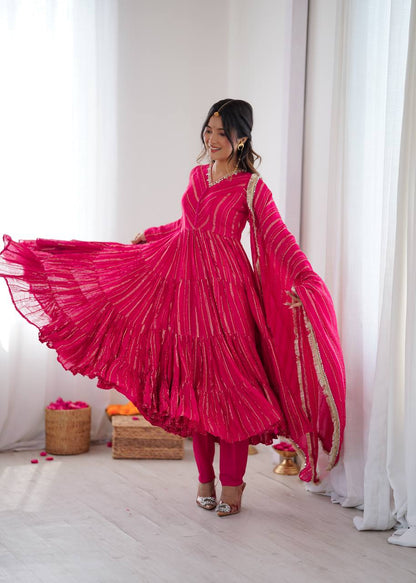 Designer Pink Color Ruffle Gown With Pant And Dupatta Set