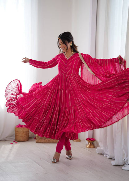 Designer Pink Color Ruffle Gown With Pant And Dupatta Set