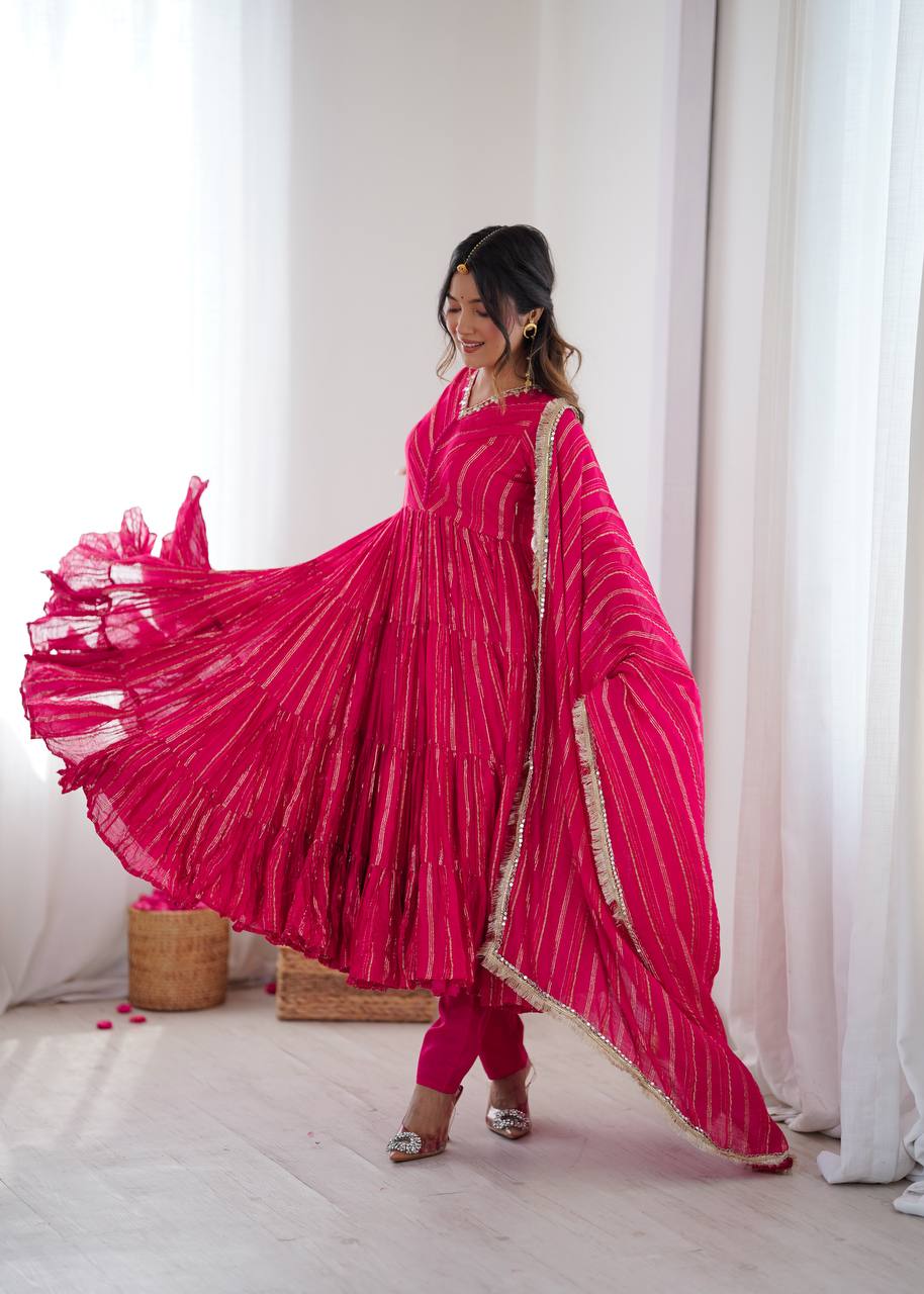 Designer Pink Color Ruffle Gown With Pant And Dupatta Set