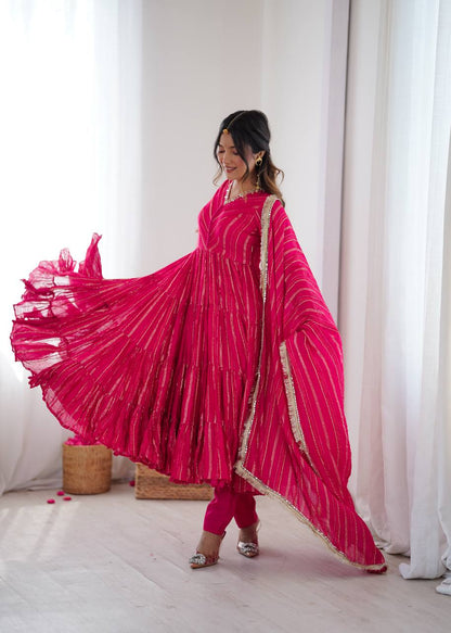 Designer Pink Color Ruffle Gown With Pant And Dupatta Set