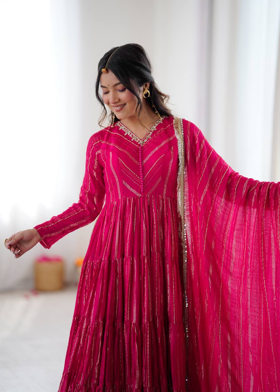 Designer Pink Color Ruffle Gown With Pant And Dupatta Set