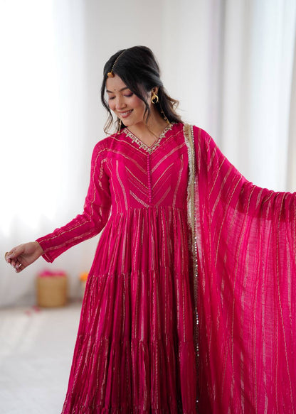 Designer Pink Color Ruffle Gown With Pant And Dupatta Set