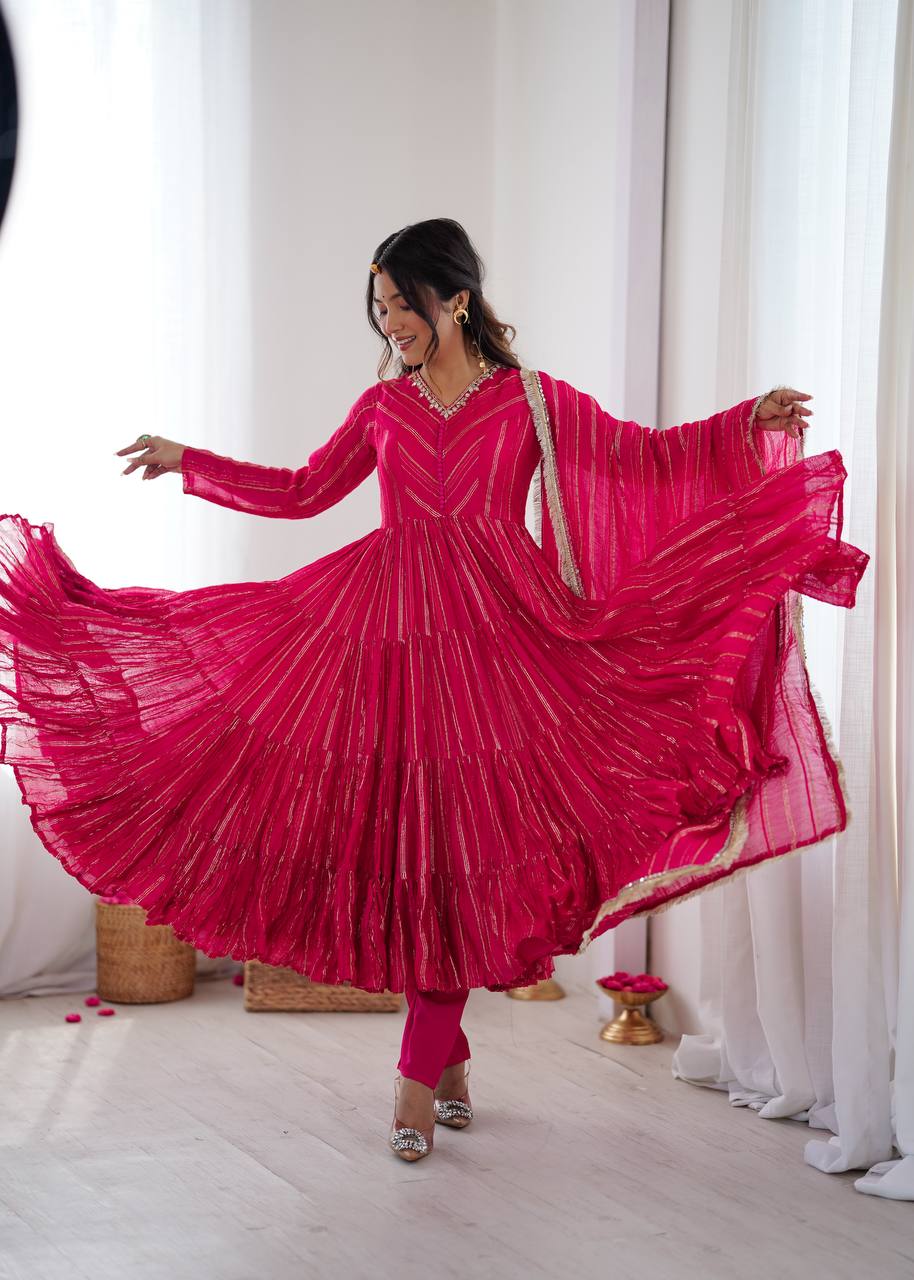 Designer Pink Color Ruffle Gown With Pant And Dupatta Set