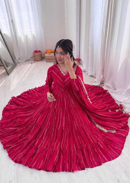 Designer Pink Color Ruffle Gown With Pant And Dupatta Set