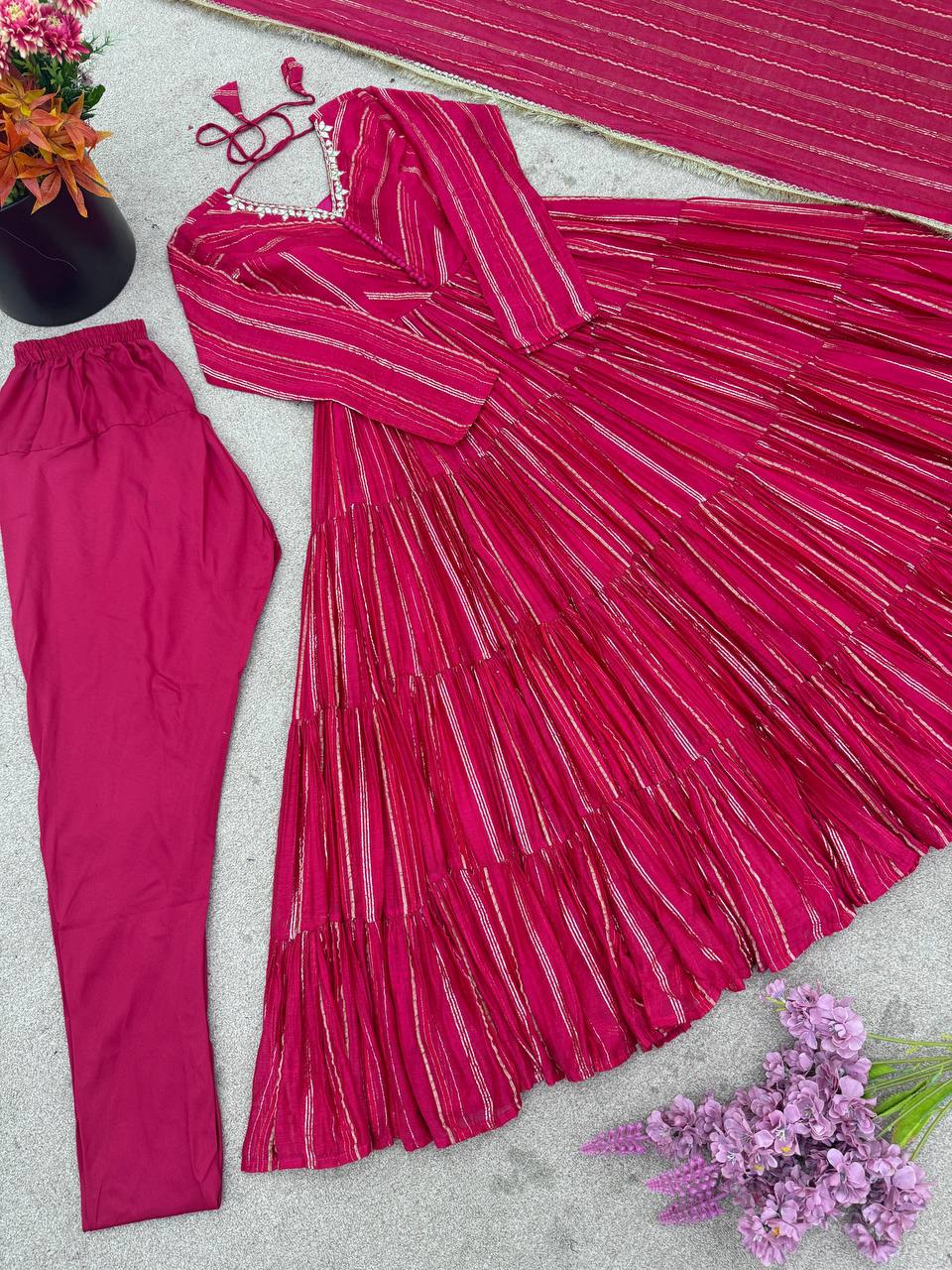 Designer Pink Color Ruffle Gown With Pant And Dupatta Set