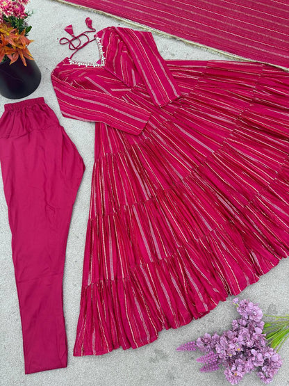 Designer Pink Color Ruffle Gown With Pant And Dupatta Set