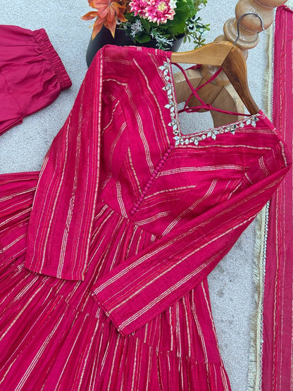 Designer Pink Color Ruffle Gown With Pant And Dupatta Set
