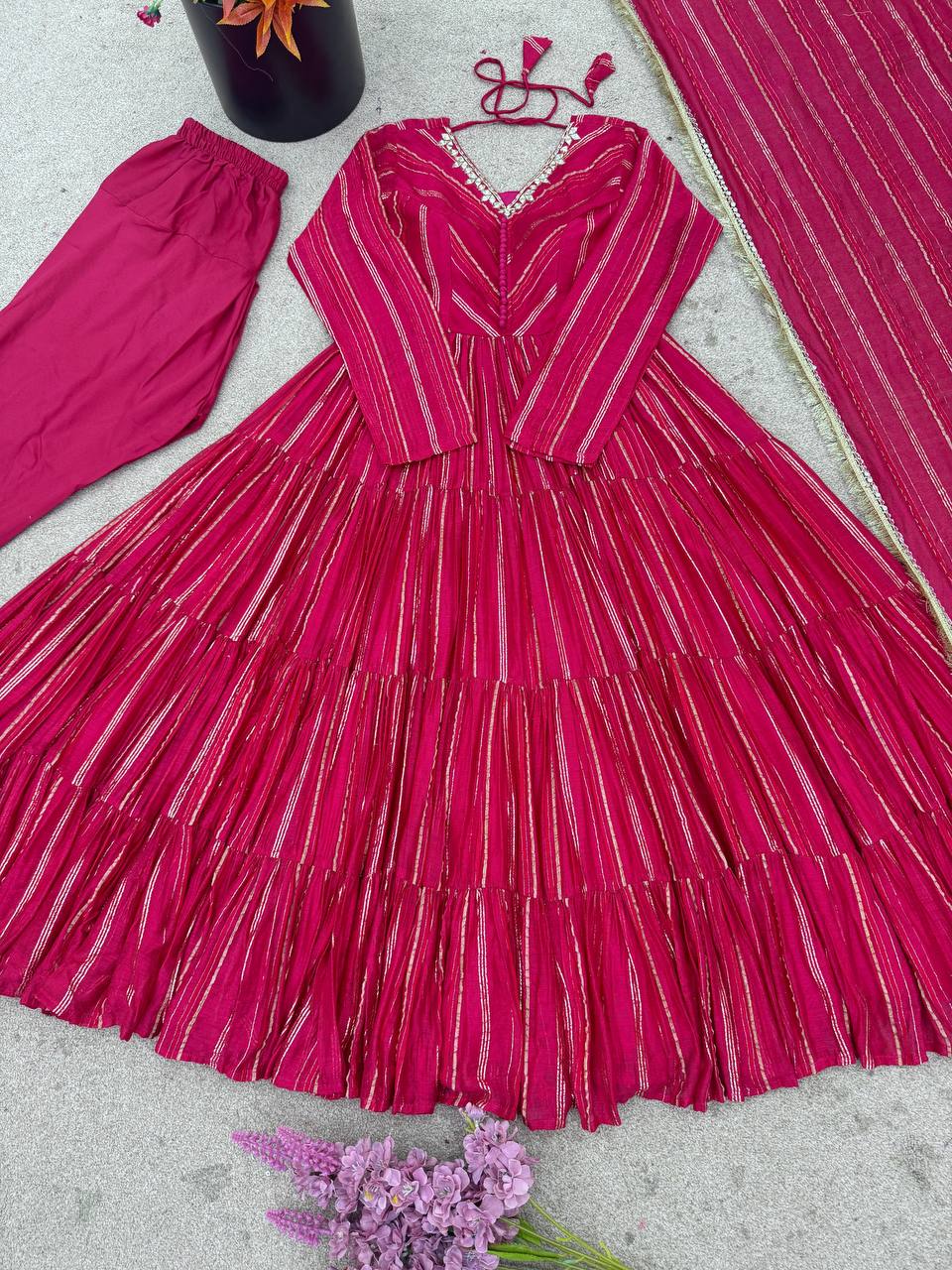 Designer Pink Color Ruffle Gown With Pant And Dupatta Set