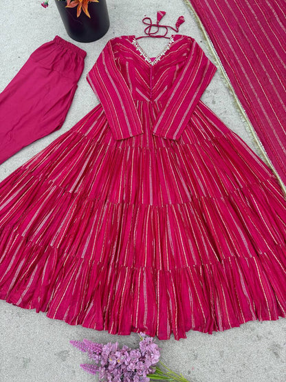 Designer Pink Color Ruffle Gown With Pant And Dupatta Set