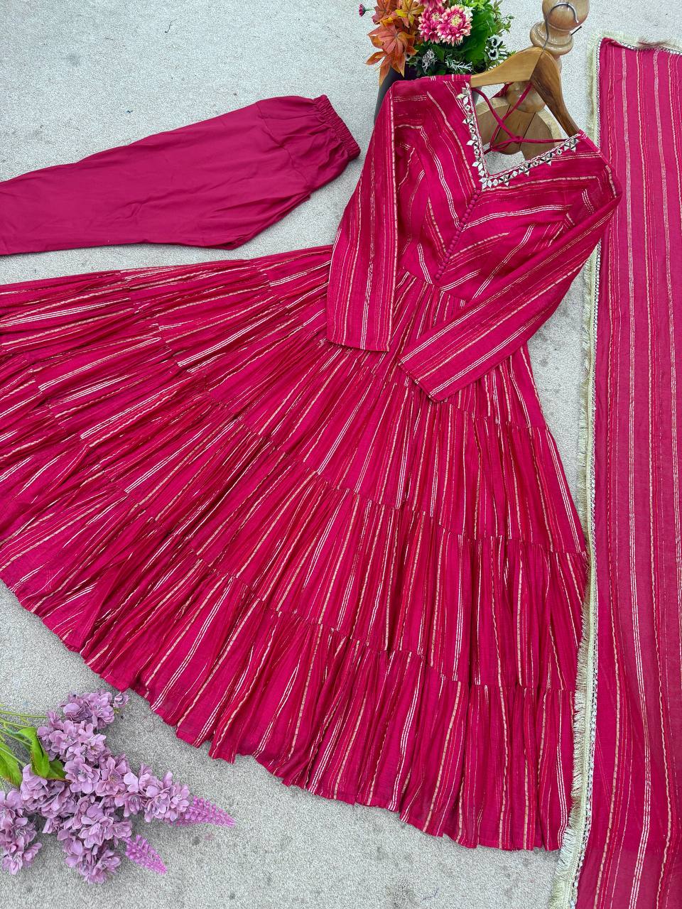 Designer Pink Color Ruffle Gown With Pant And Dupatta Set