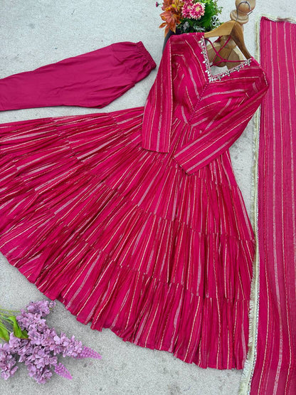 Designer Pink Color Ruffle Gown With Pant And Dupatta Set
