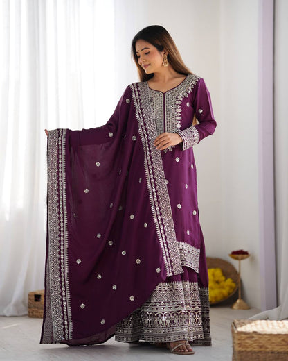 Function Wear Purple Color Pure Heavy Chinon Silk With Embroidery And 5mm Sequence Work Sharara Suit