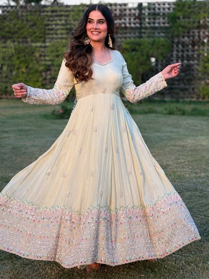 Party Wear Off White Embroidery Georgette Designer Gown