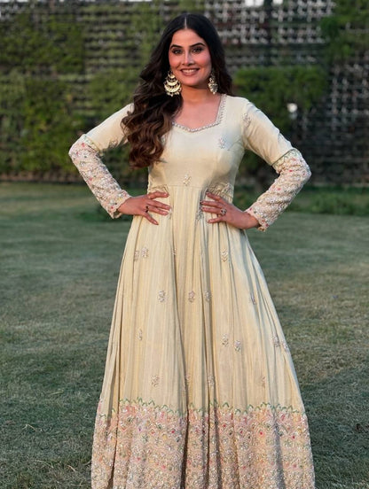 Party Wear Off White Embroidery Georgette Designer Gown