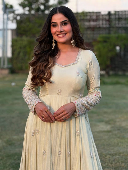 Party Wear Off White Embroidery Georgette Designer Gown