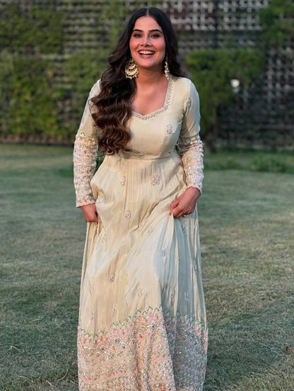 Party Wear Off White Embroidery Georgette Designer Gown