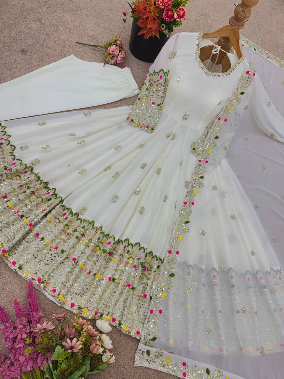 Party Wear Off White Embroidery Georgette Designer Gown