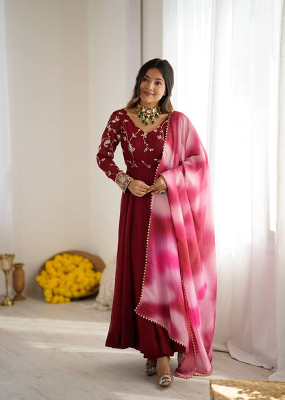 Party Wear Dark Pink Color Heavy Crunchy Silk Embroidered Gown
