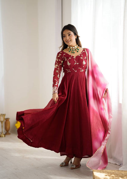 Party Wear Dark Pink Color Heavy Crunchy Silk Embroidered Gown