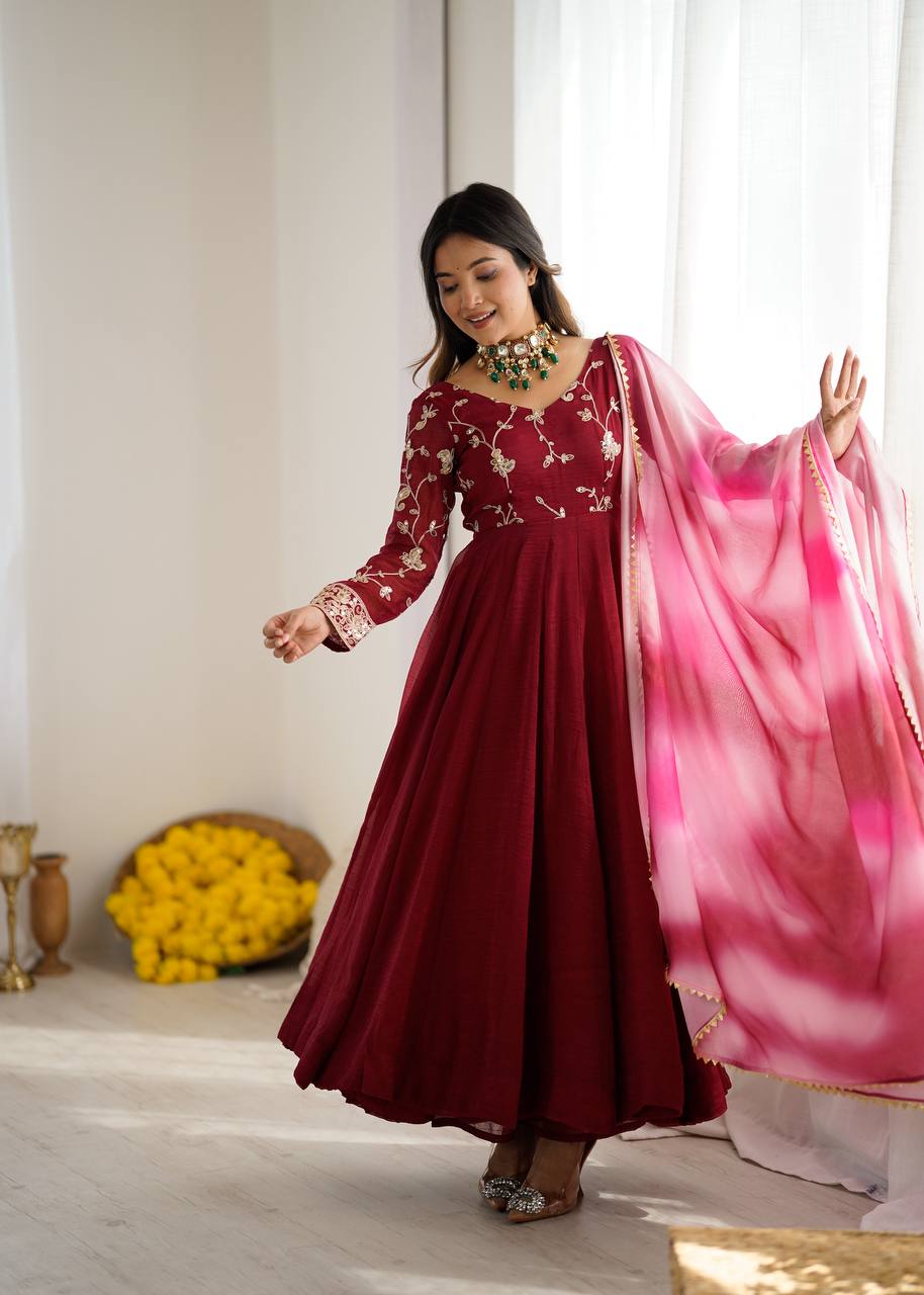 Party Wear Dark Pink Color Heavy Crunchy Silk Embroidered Gown