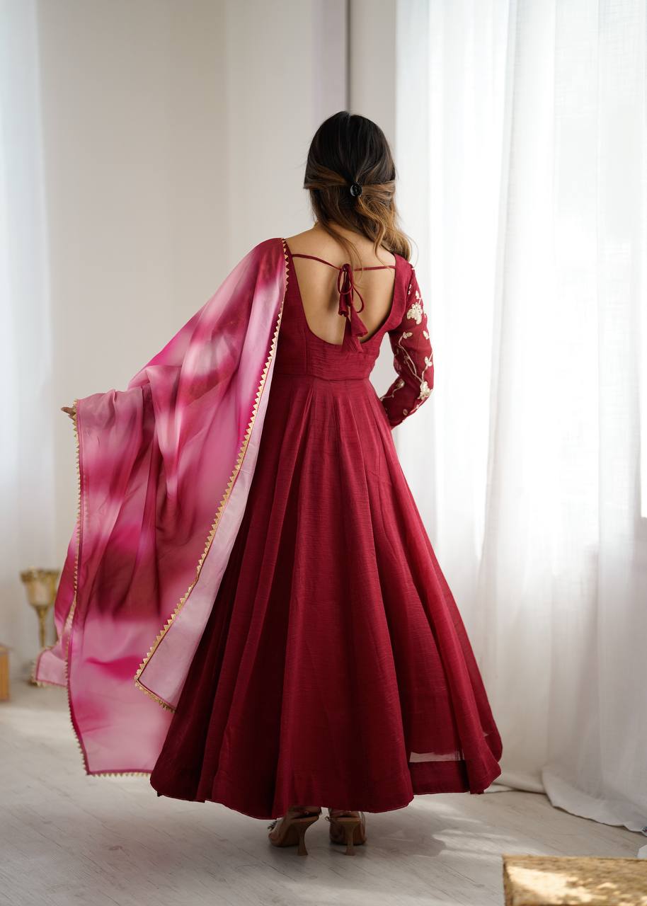 Party Wear Dark Pink Color Heavy Crunchy Silk Embroidered Gown