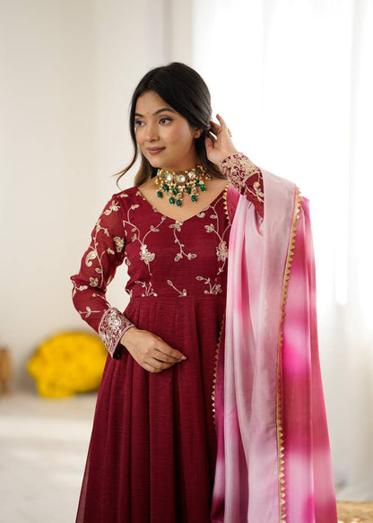 Party Wear Dark Pink Color Heavy Crunchy Silk Embroidered Gown