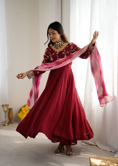 Party Wear Dark Pink Color Heavy Crunchy Silk Embroidered Gown