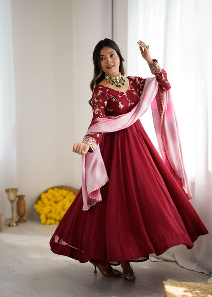 Party Wear Dark Pink Color Heavy Crunchy Silk Embroidered Gown
